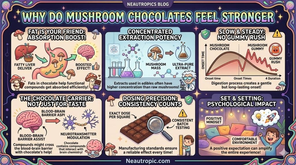 why do mushroom chocolates feel stronger
